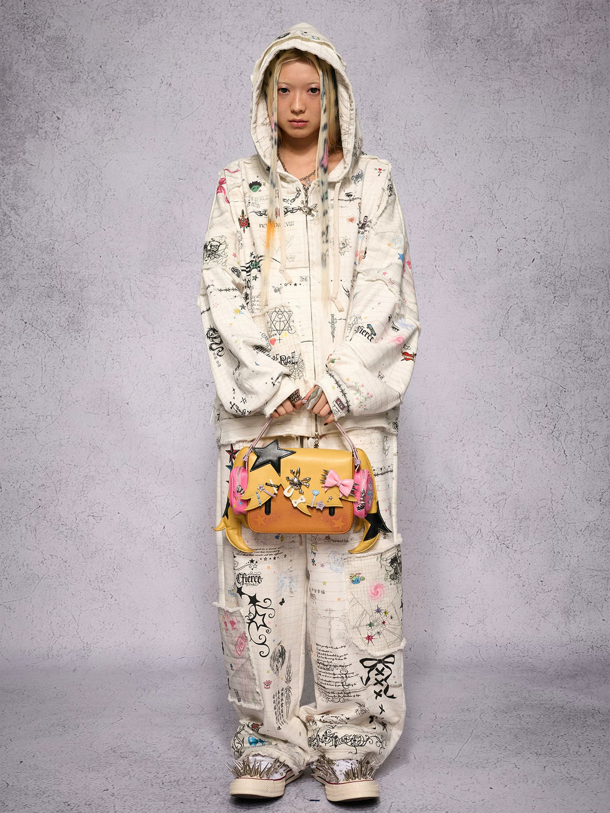 CFIERCE Distressed Manuscript Graphic Zip Hoodie - model view 20