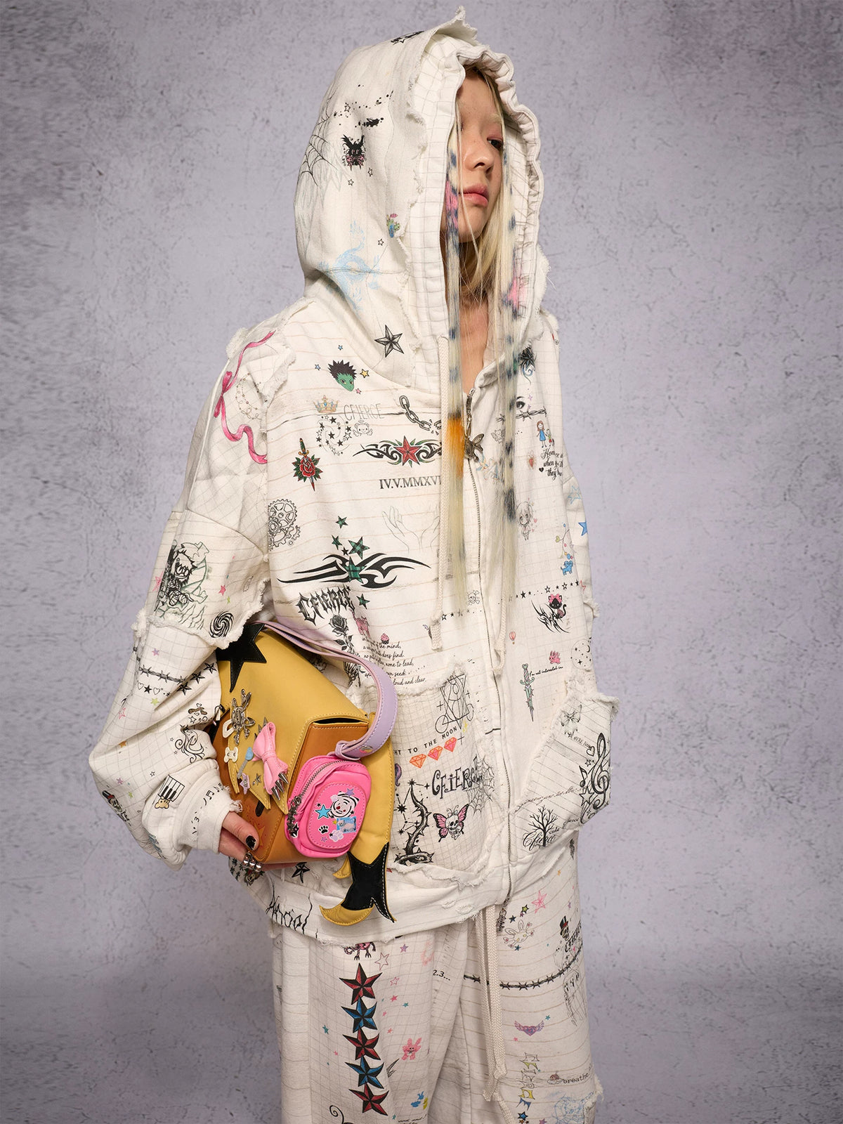 CFIERCE Distressed Manuscript Graphic Zip Hoodie - model view 21