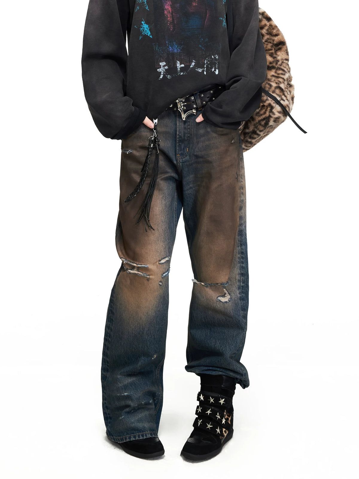 PEOPLESENSE Mud-Dyed Distressed Whiskered Flare Jeans - front detail