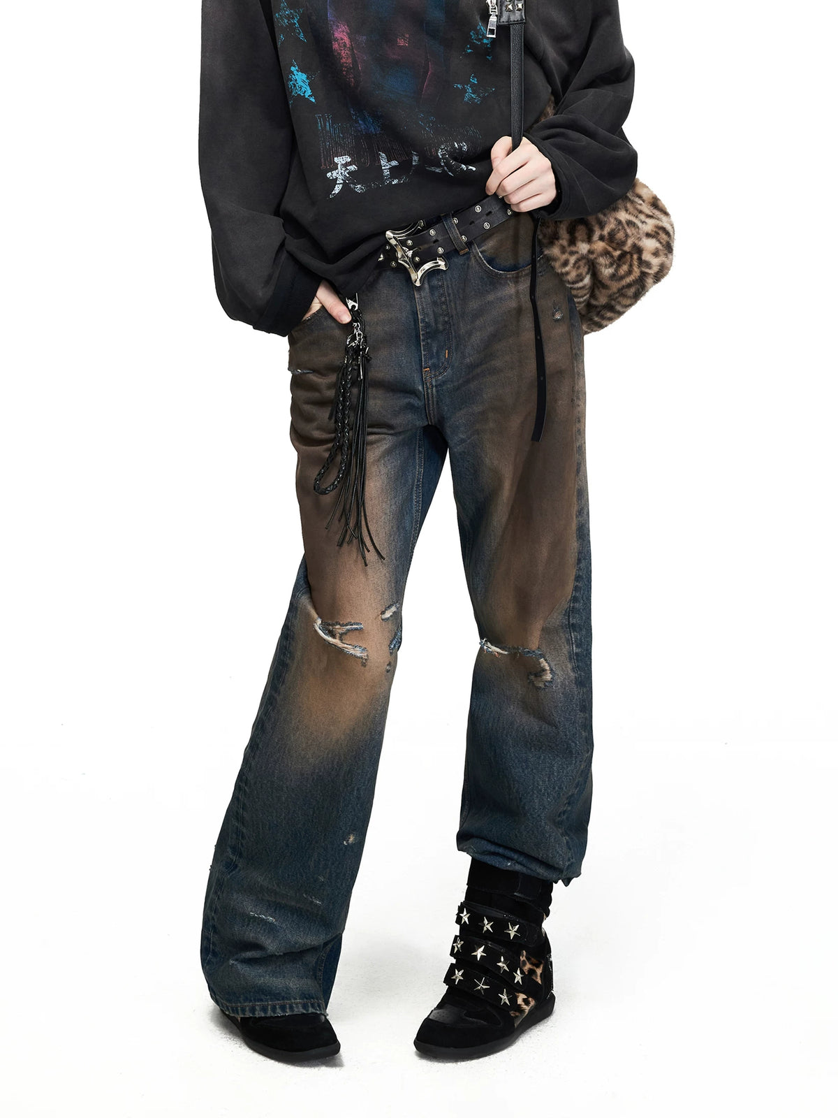 PEOPLESENSE Mud-Dyed Distressed Whiskered Flare Jeans - front view