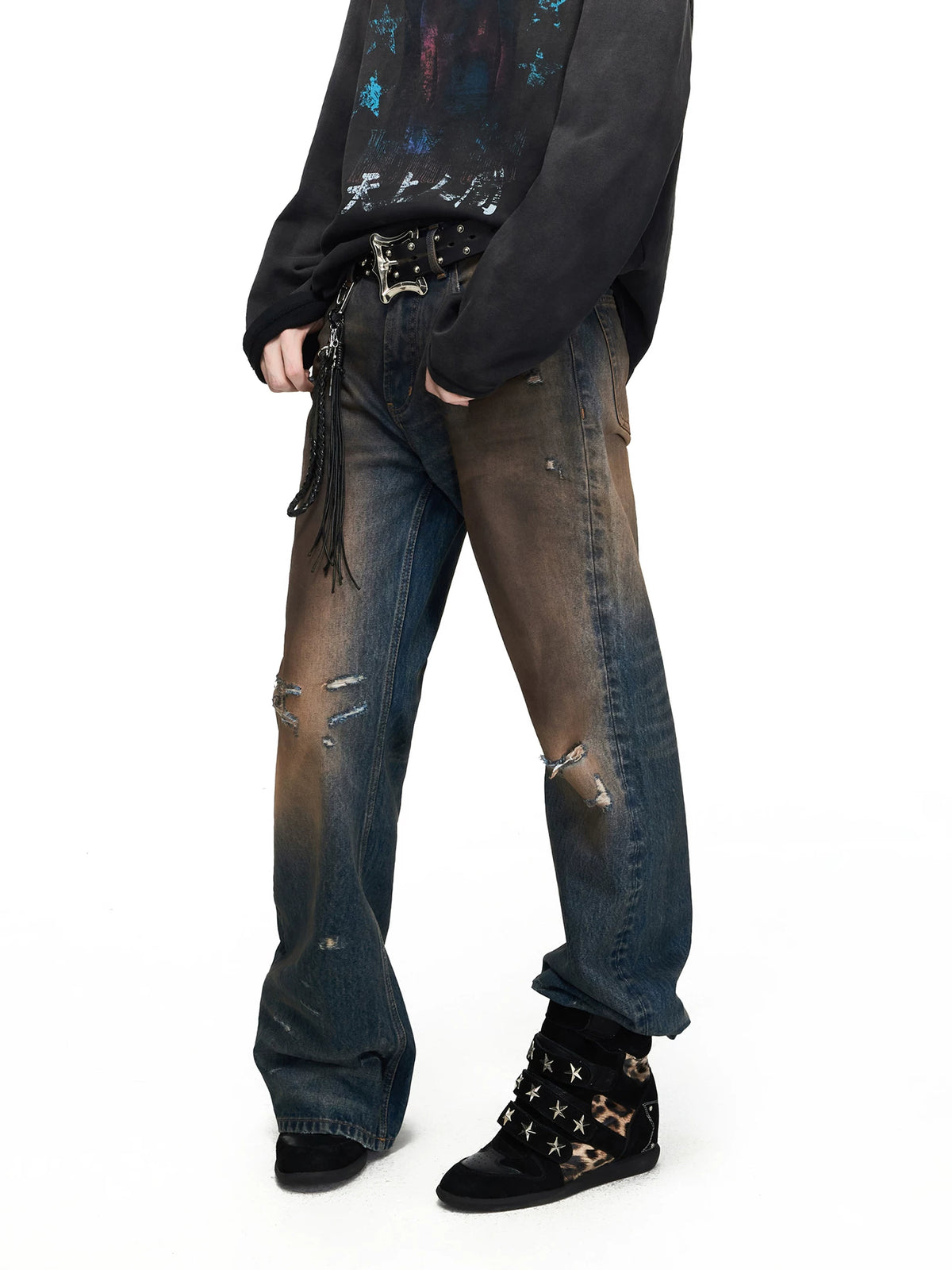PEOPLESENSE Mud-Dyed Distressed Whiskered Flare Jeans - three-quarter view