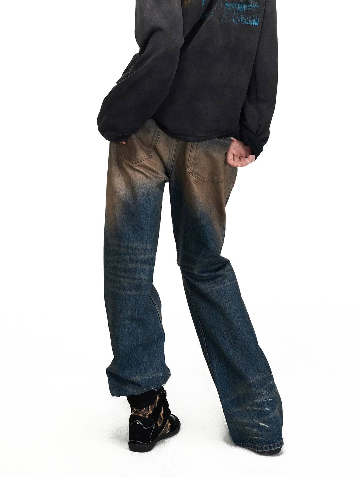 PEOPLESENSE Mud-Dyed Distressed Whiskered Flare Jeans - back view