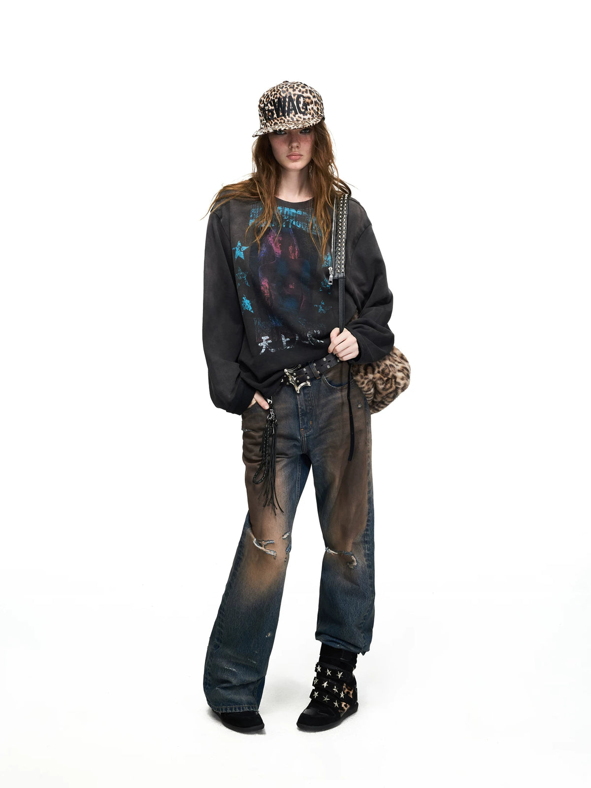 PEOPLESENSE Mud-Dyed Distressed Whiskered Flare Jeans - full look