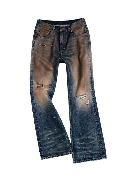 PEOPLESENSE Mud-Dyed Distressed Whiskered Flare Jeans - flat front