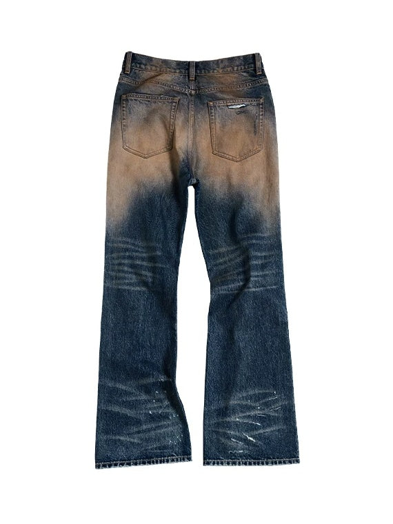 PEOPLESENSE Mud-Dyed Distressed Whiskered Flare Jeans - flat back