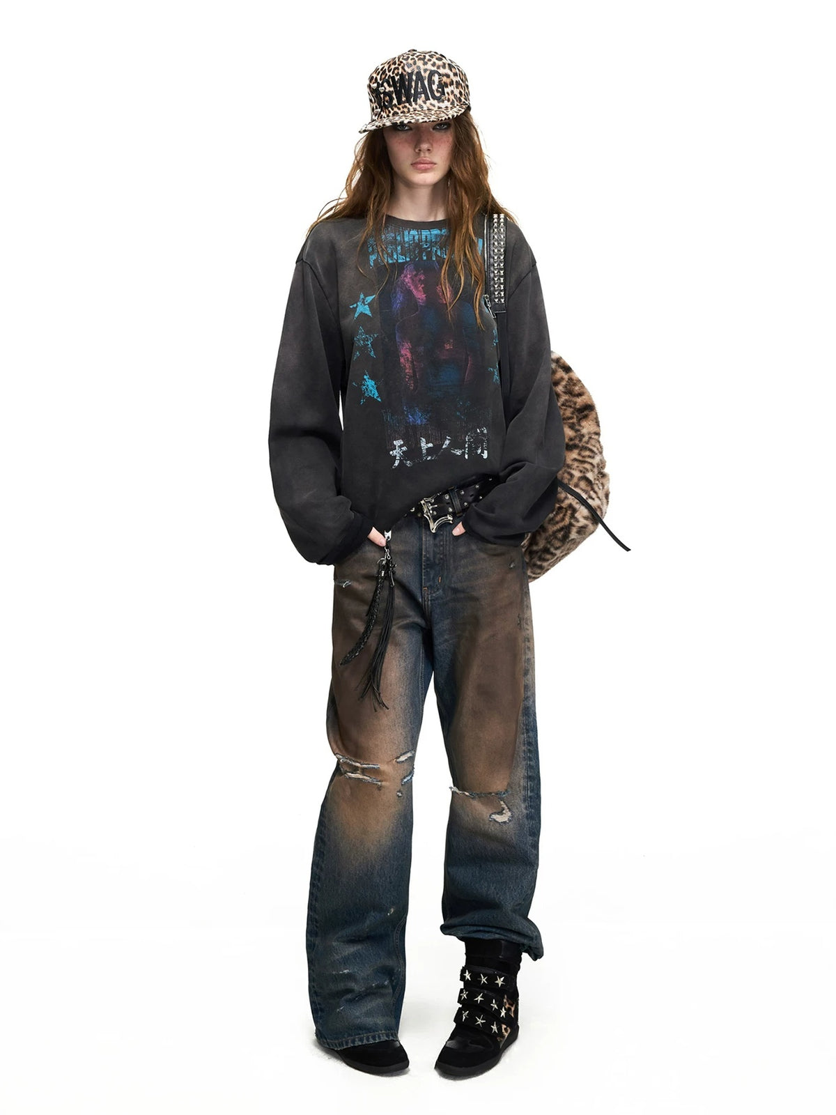 PEOPLESENSE Mud-Dyed Distressed Whiskered Flare Jeans - styled full look