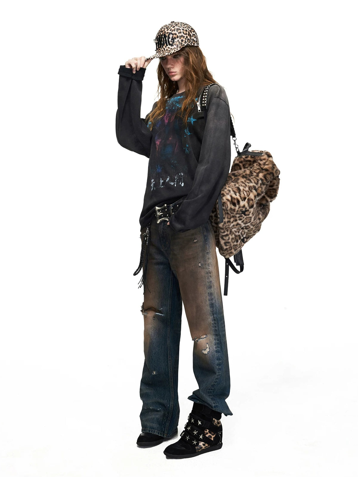 PEOPLESENSE Mud-Dyed Distressed Whiskered Flare Jeans - styled with cap
