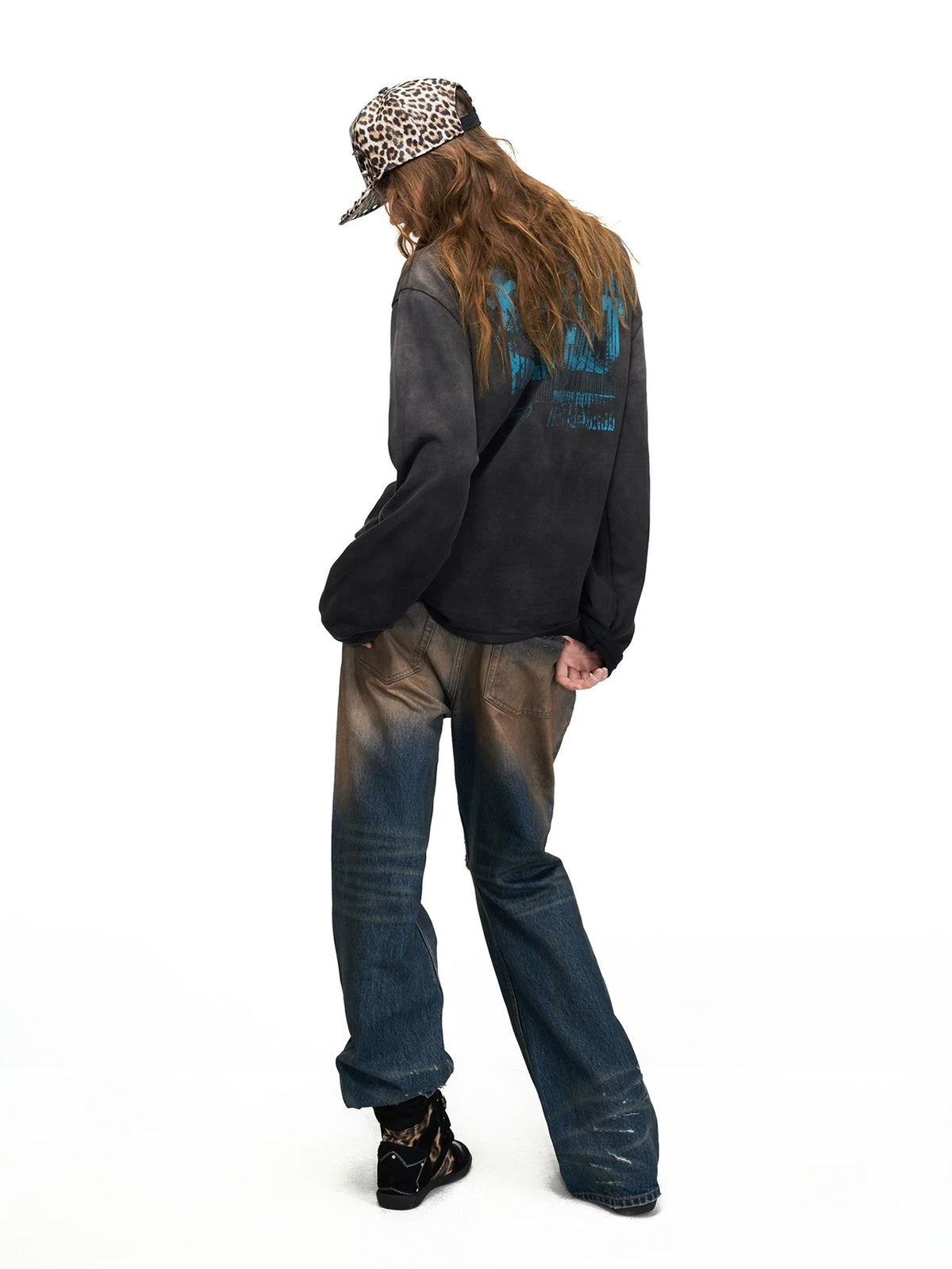 PEOPLESENSE Mud-Dyed Distressed Whiskered Flare Jeans - styled back view