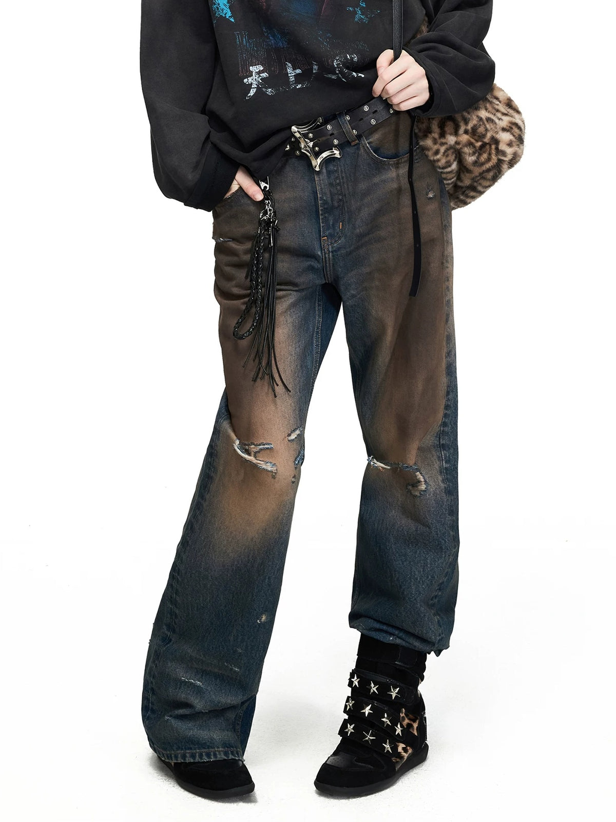 PEOPLESENSE Mud-Dyed Distressed Whiskered Flare Jeans - front close-up