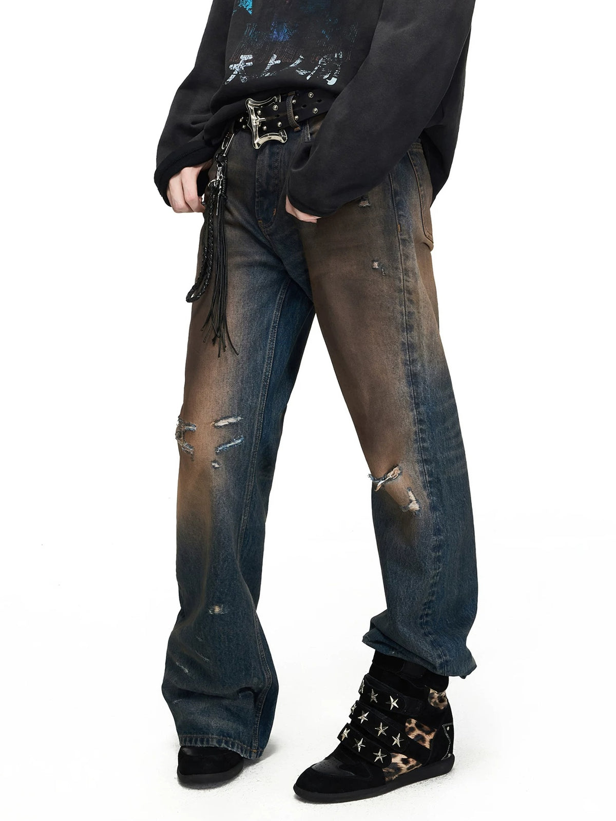 PEOPLESENSE Mud-Dyed Distressed Whiskered Flare Jeans - front close-up 2