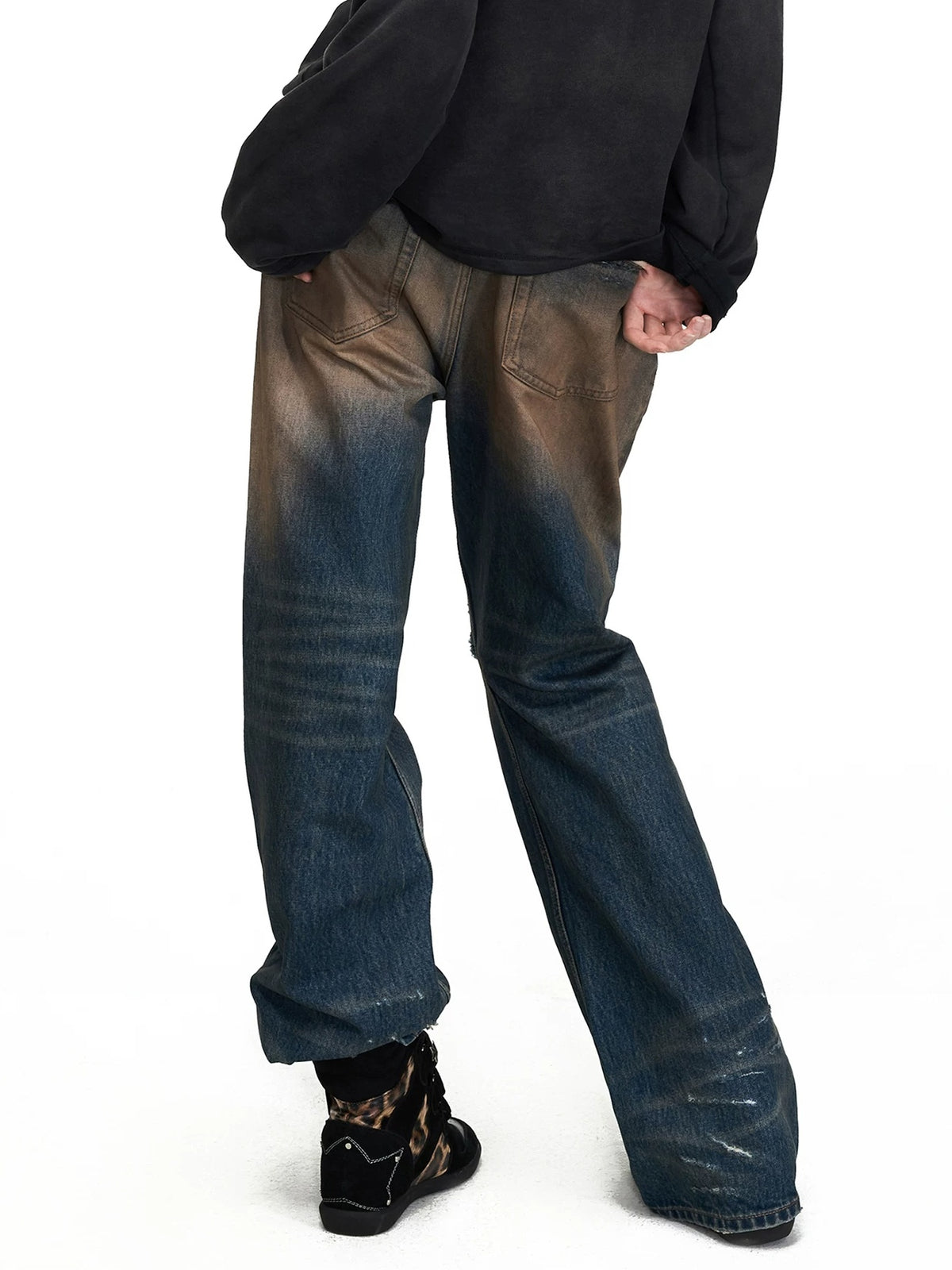 PEOPLESENSE Mud-Dyed Distressed Whiskered Flare Jeans - back close-up