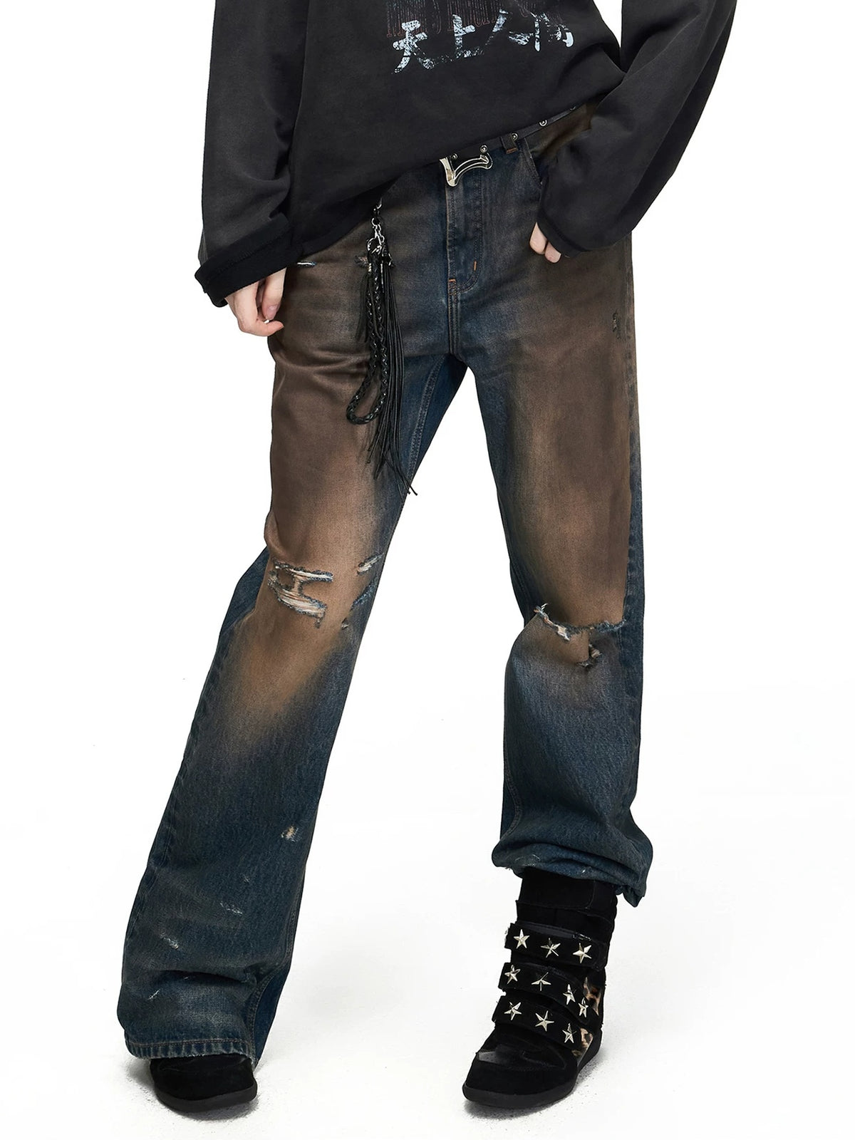 PEOPLESENSE Mud-Dyed Distressed Whiskered Flare Jeans - side close-up