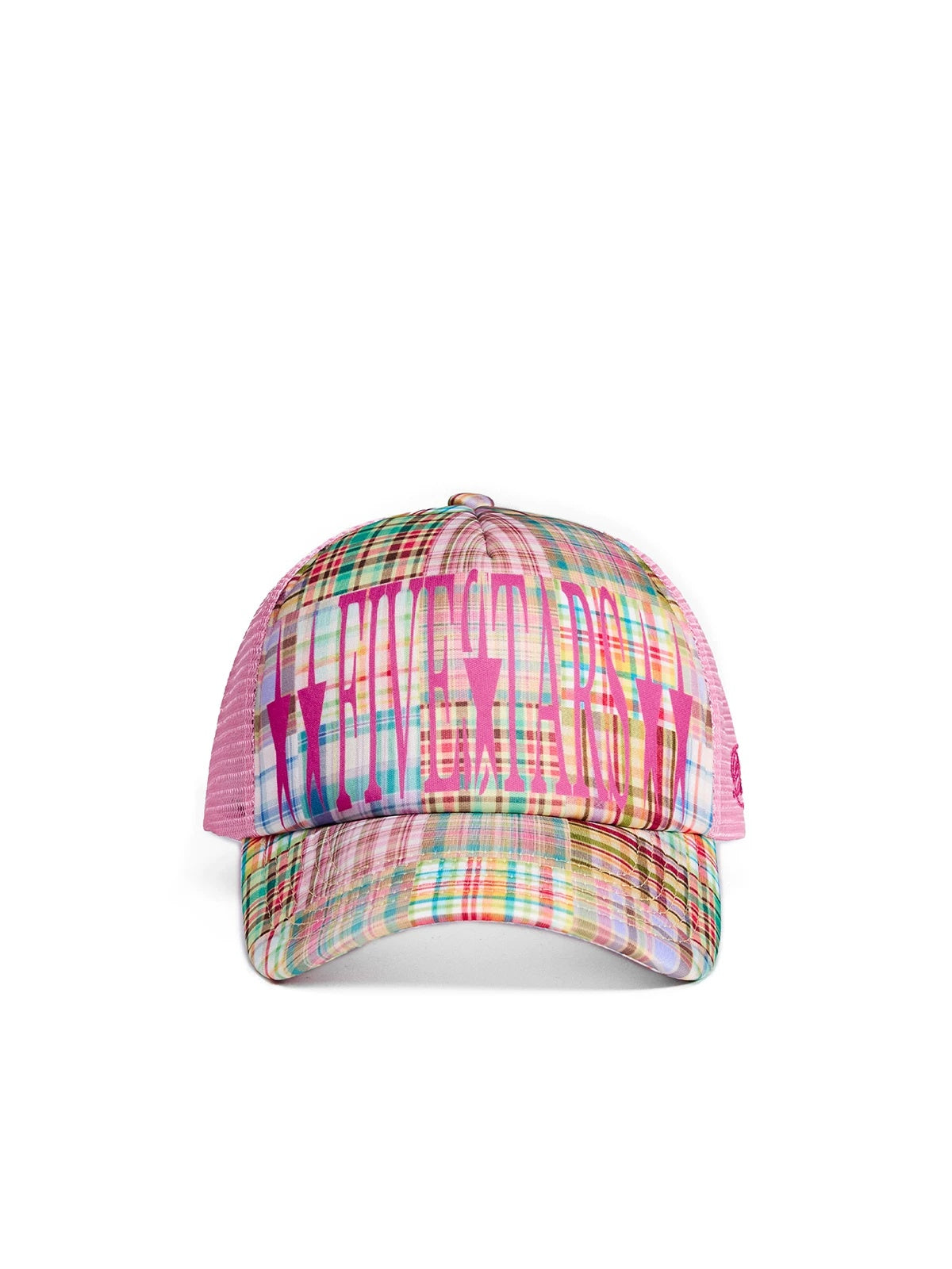 PEOPLESENSE Pink Plaid Flocked Embroidered Mesh Trucker Cap - front