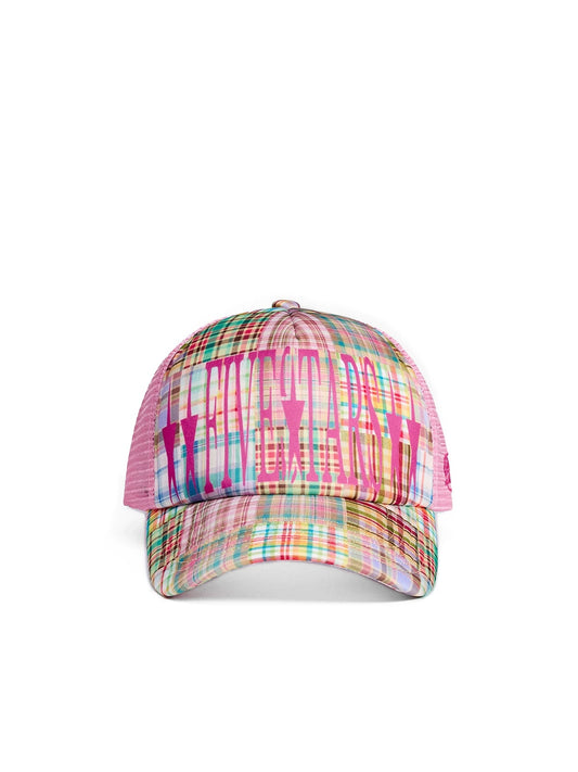 PEOPLESENSE Pink Plaid Flocked Embroidered Mesh Trucker Cap - front