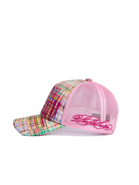 PEOPLESENSE Pink Plaid Flocked Embroidered Mesh Trucker Cap - side