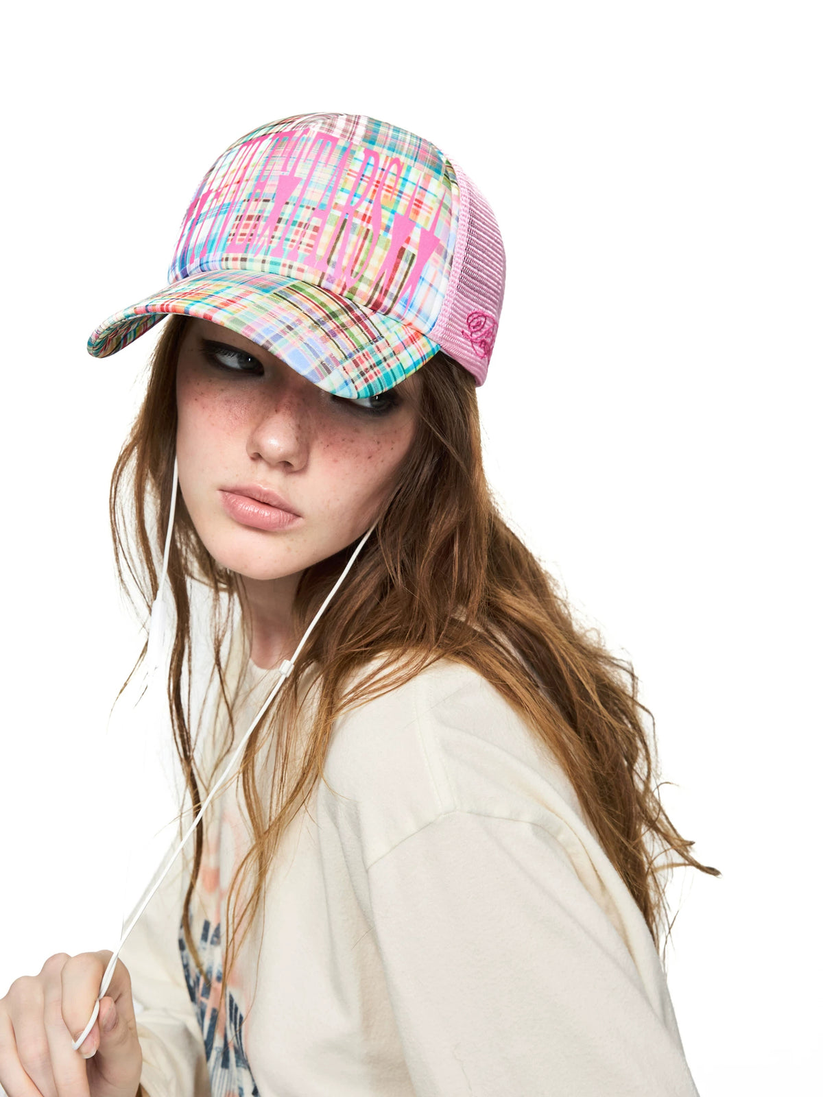 PEOPLESENSE Pink Plaid Flocked Embroidered Mesh Trucker Cap - model look 1