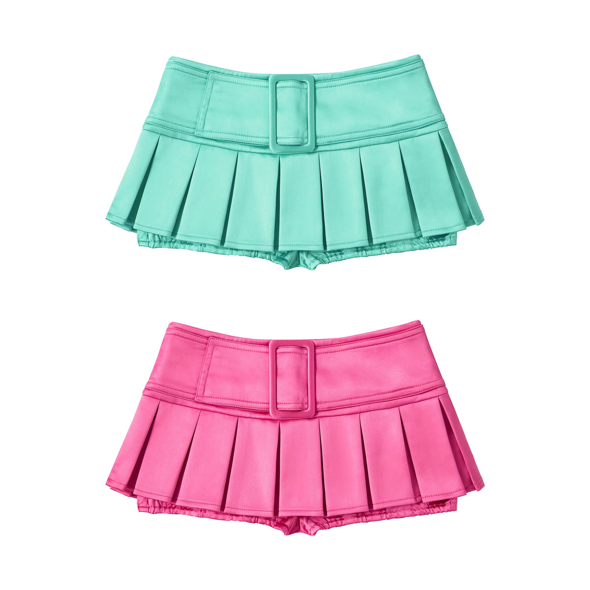 CFIERCE Satin Pleated Mini Skort - green and pink skorts arranged top to bottom on white background