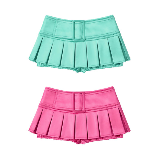 CFIERCE Satin Pleated Mini Skort - green and pink skorts arranged top to bottom on white background