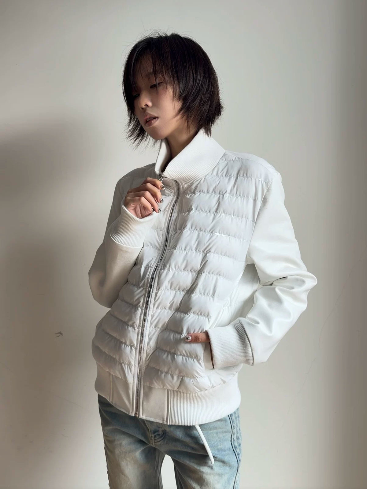 NumbAsia Quilted Panel Zip Jacket - white model front