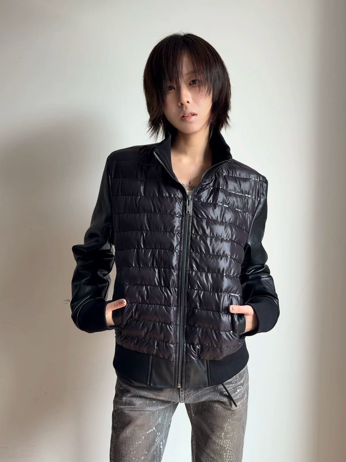 NumbAsia Quilted Panel Zip Jacket - black model front