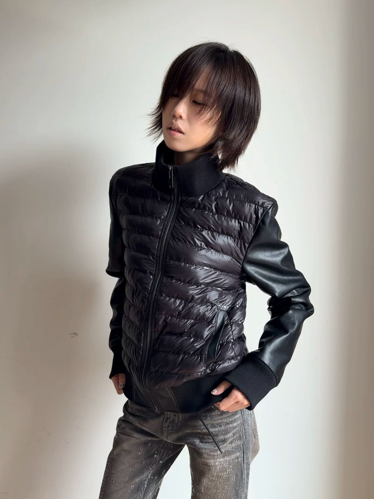 NumbAsia Quilted Panel Zip Jacket - black model angle