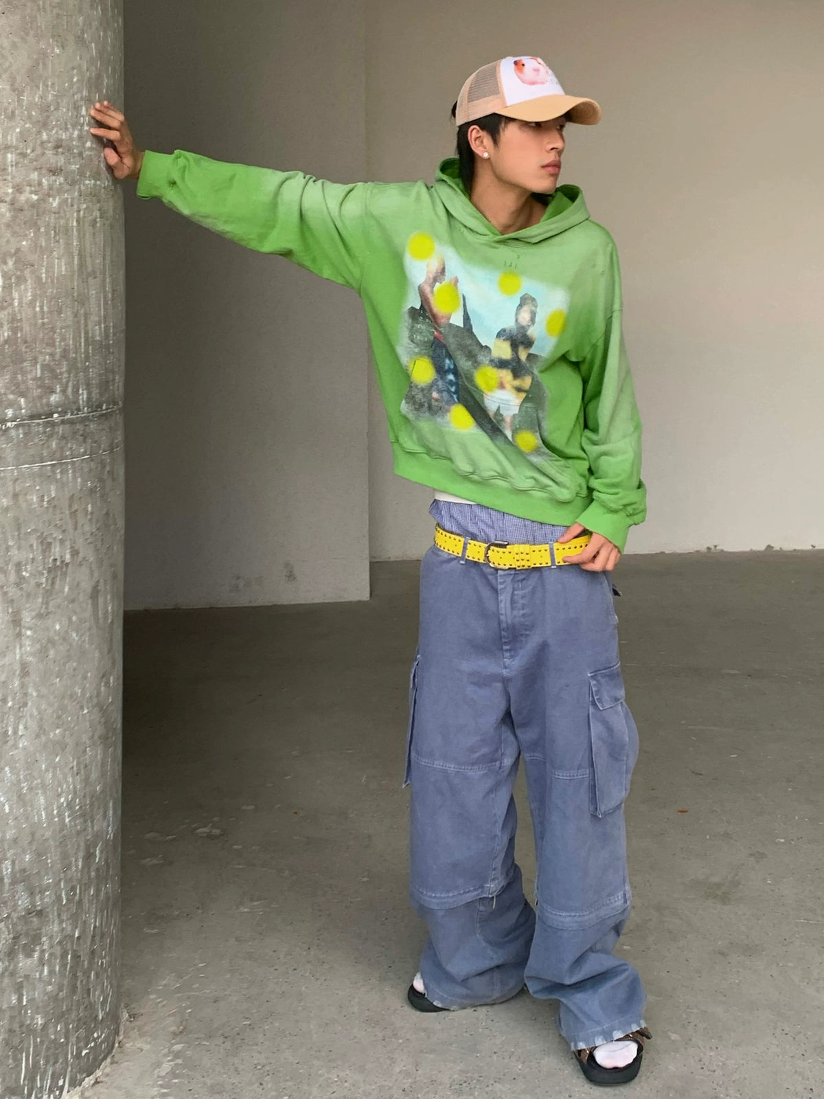 Washed Distressed Pixel Polka Dot Graphic Hoodie - Apple Green on model front