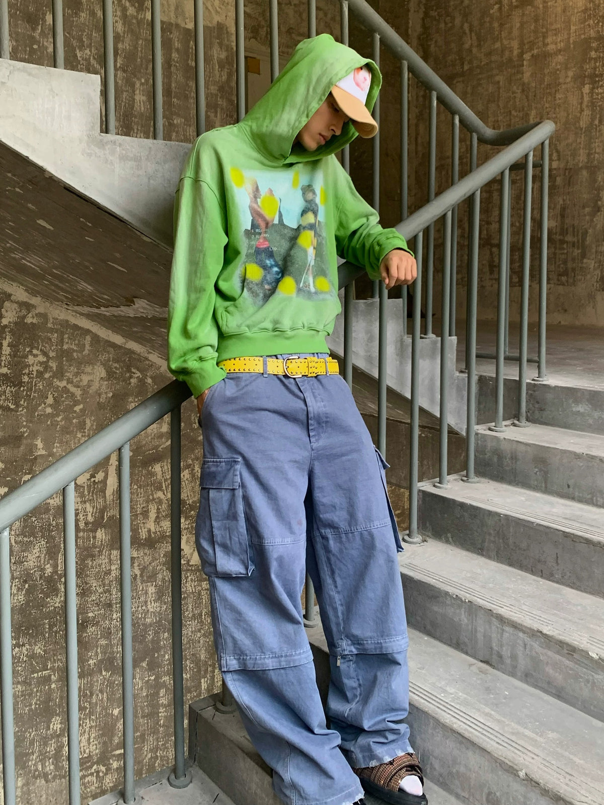 Washed Distressed Pixel Polka Dot Graphic Hoodie - Apple Green on model side