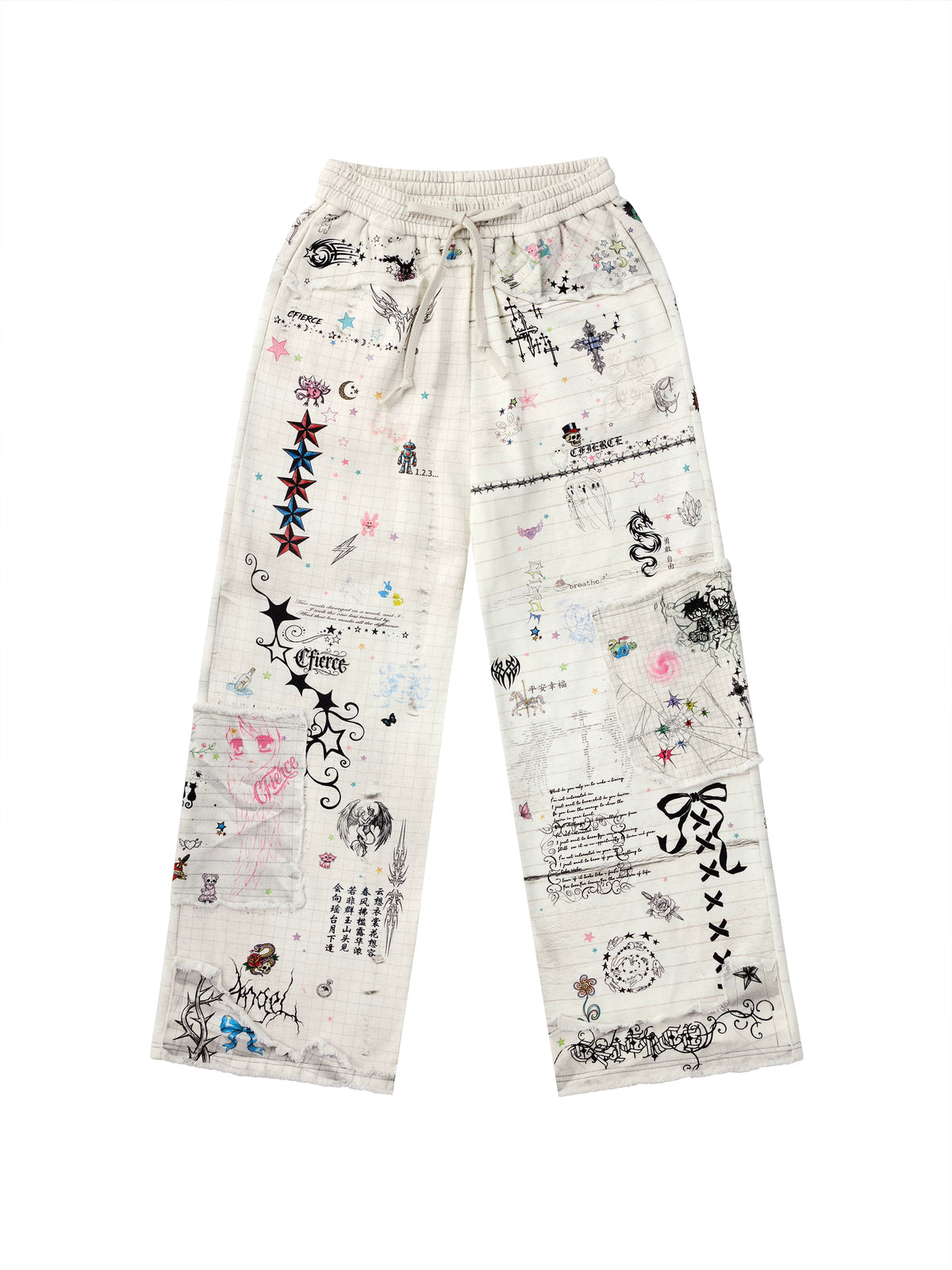 CFIERCE Distressed Manuscript Graphic Sweatpants - white graphic sweatpants front on white