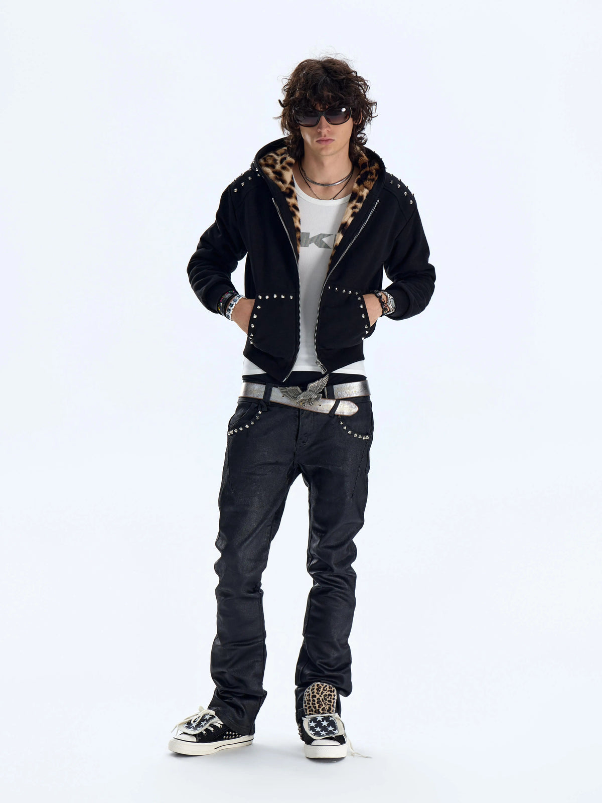 Studded Leopard Faux Fur Lined Zip-Up Hoodie - Black front full-length