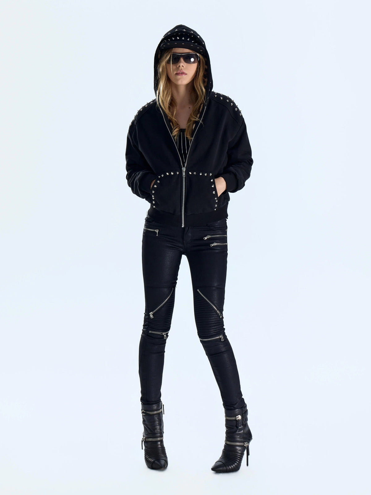 Studded Leopard Faux Fur Lined Zip-Up Hoodie - Black front with hood up