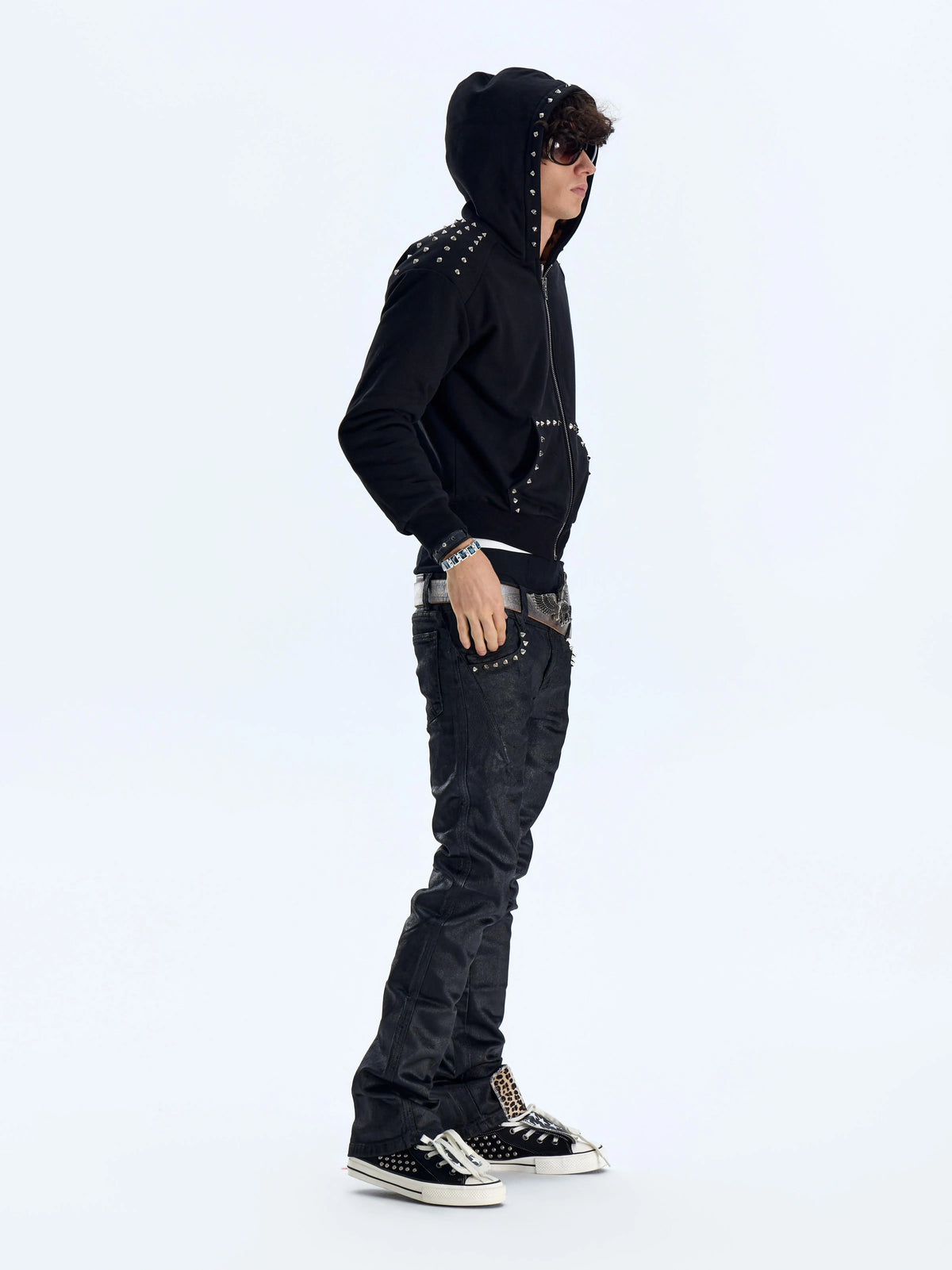 Studded Leopard Faux Fur Lined Zip-Up Hoodie - Black side view