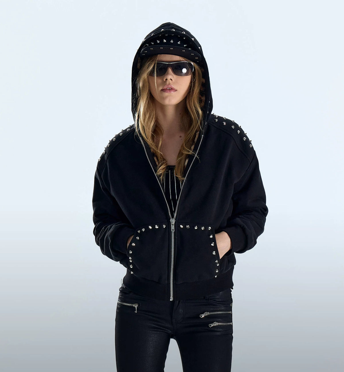 Studded Leopard Faux Fur Lined Zip-Up Hoodie - Black hood up detail