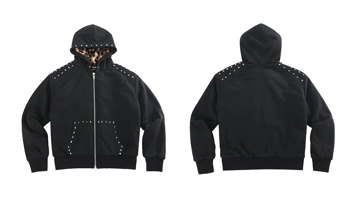 Studded Leopard Faux Fur Lined Zip-Up Hoodie - Black front and back flat lay