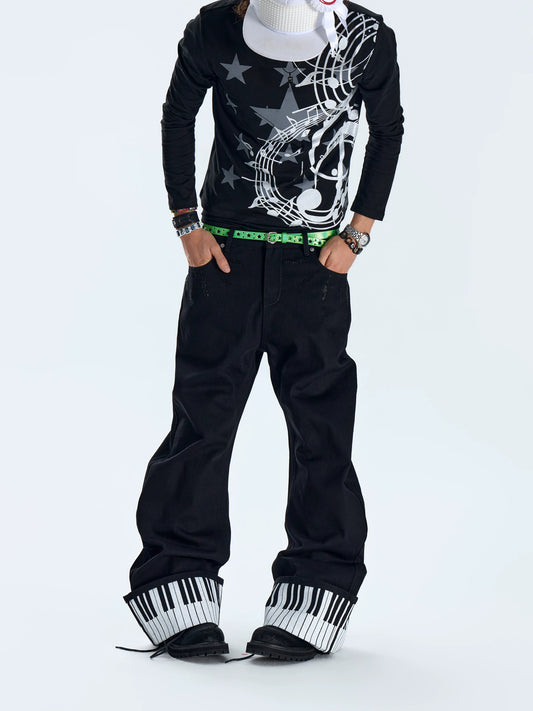 Piano Key Black Rhinestone Saber Fit Jeans - Black front