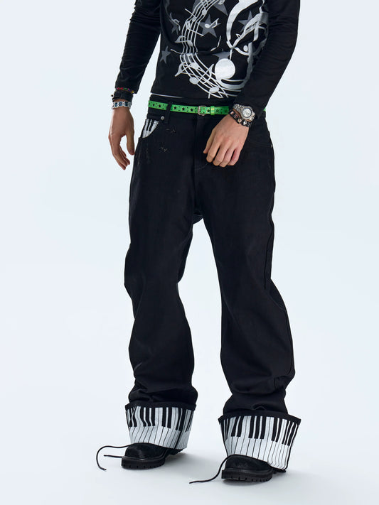 Piano Key Black Rhinestone Saber Fit Jeans - Black front angle