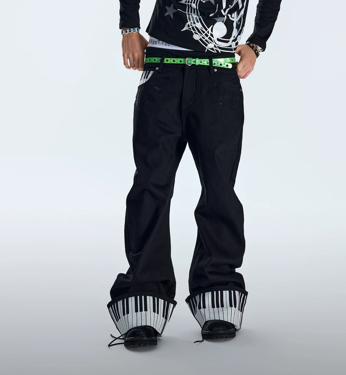 Piano Key Black Rhinestone Saber Fit Jeans - Black front on model