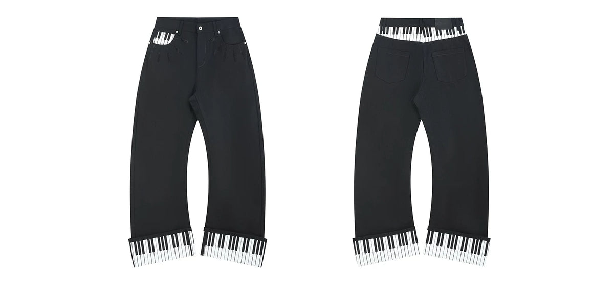 Piano Key Black Rhinestone Saber Fit Jeans - Black flat lay front and back
