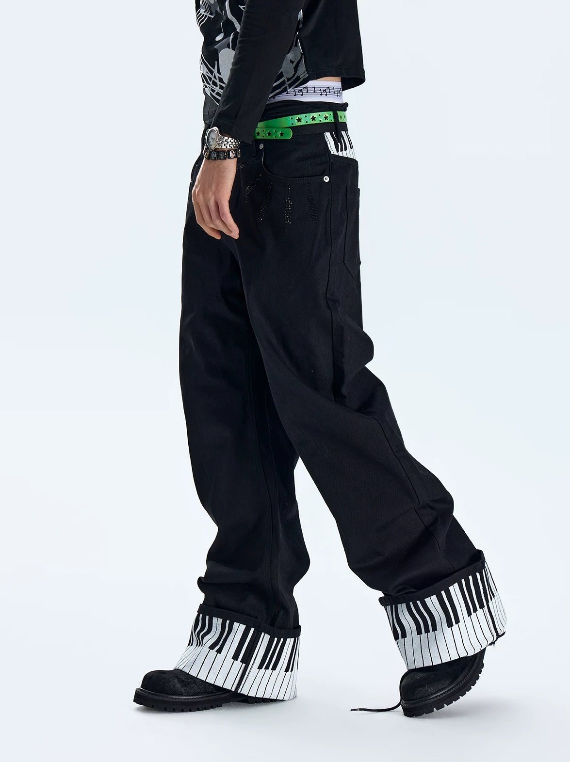 Piano Key Black Rhinestone Saber Fit Jeans - Black side