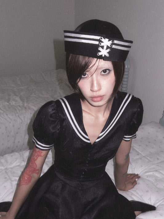 BeatleLady Satin Lace-Up Sailor Hat - Navy modeled front