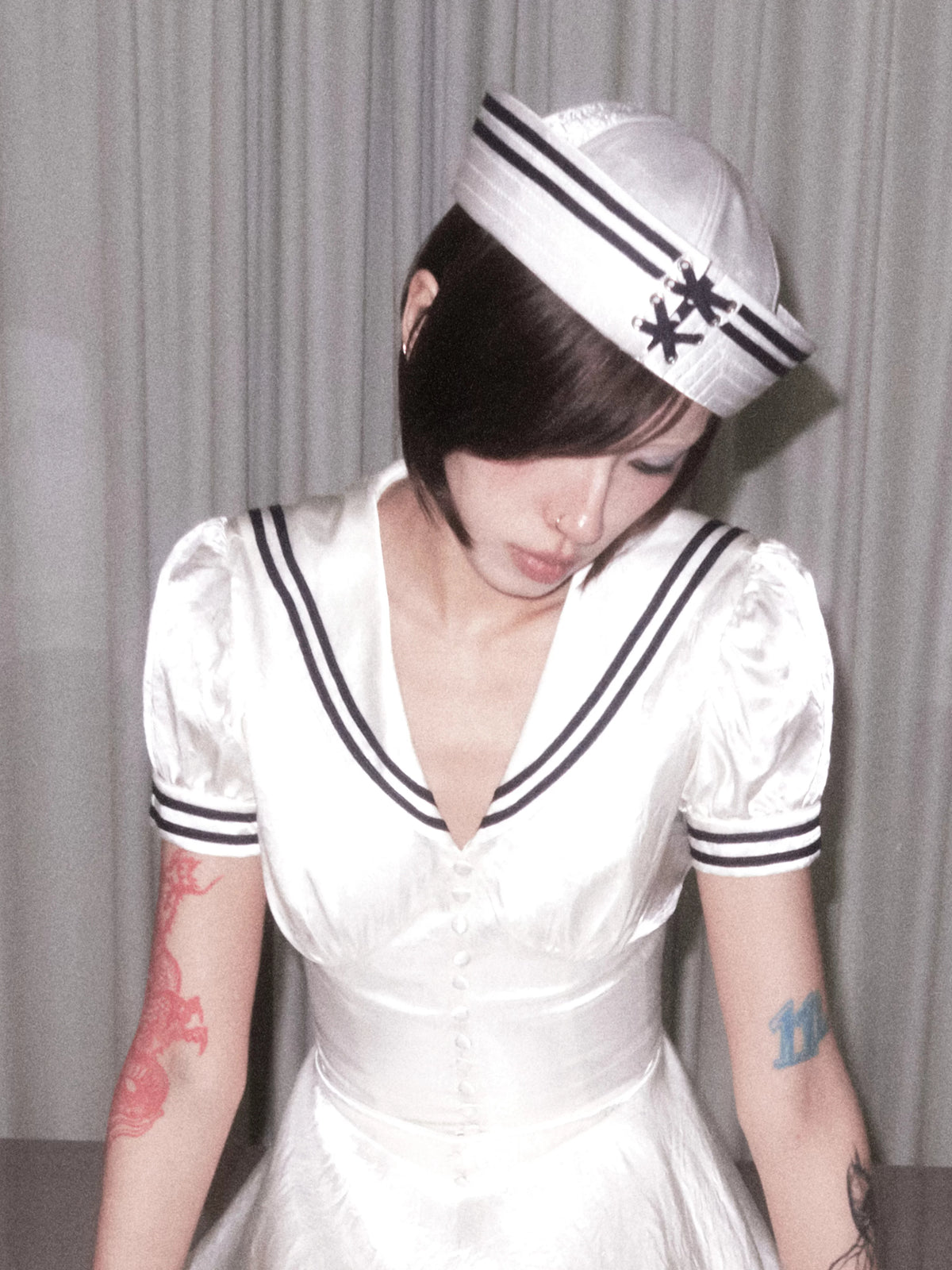BeatleLady Satin Lace-Up Sailor Hat - Champagne modeled side