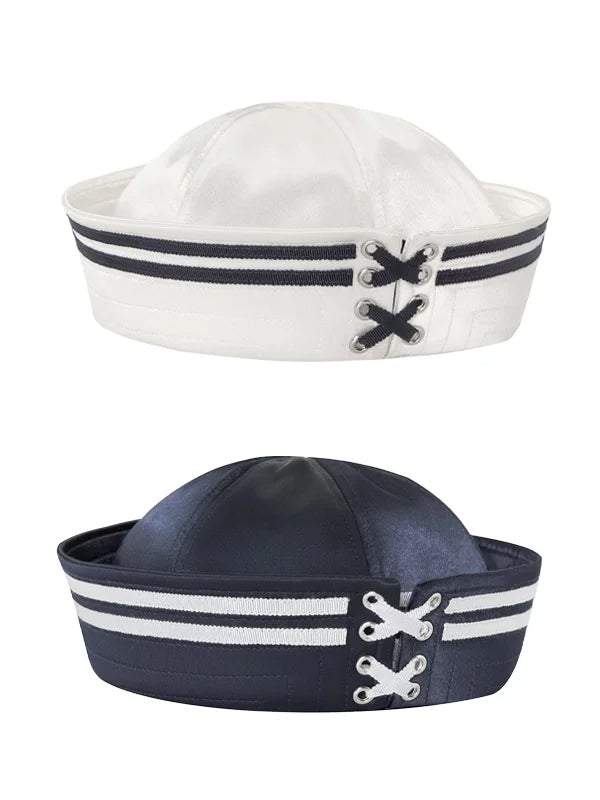 BeatleLady Satin Lace-Up Sailor Hat - Navy and Champagne flat lay
