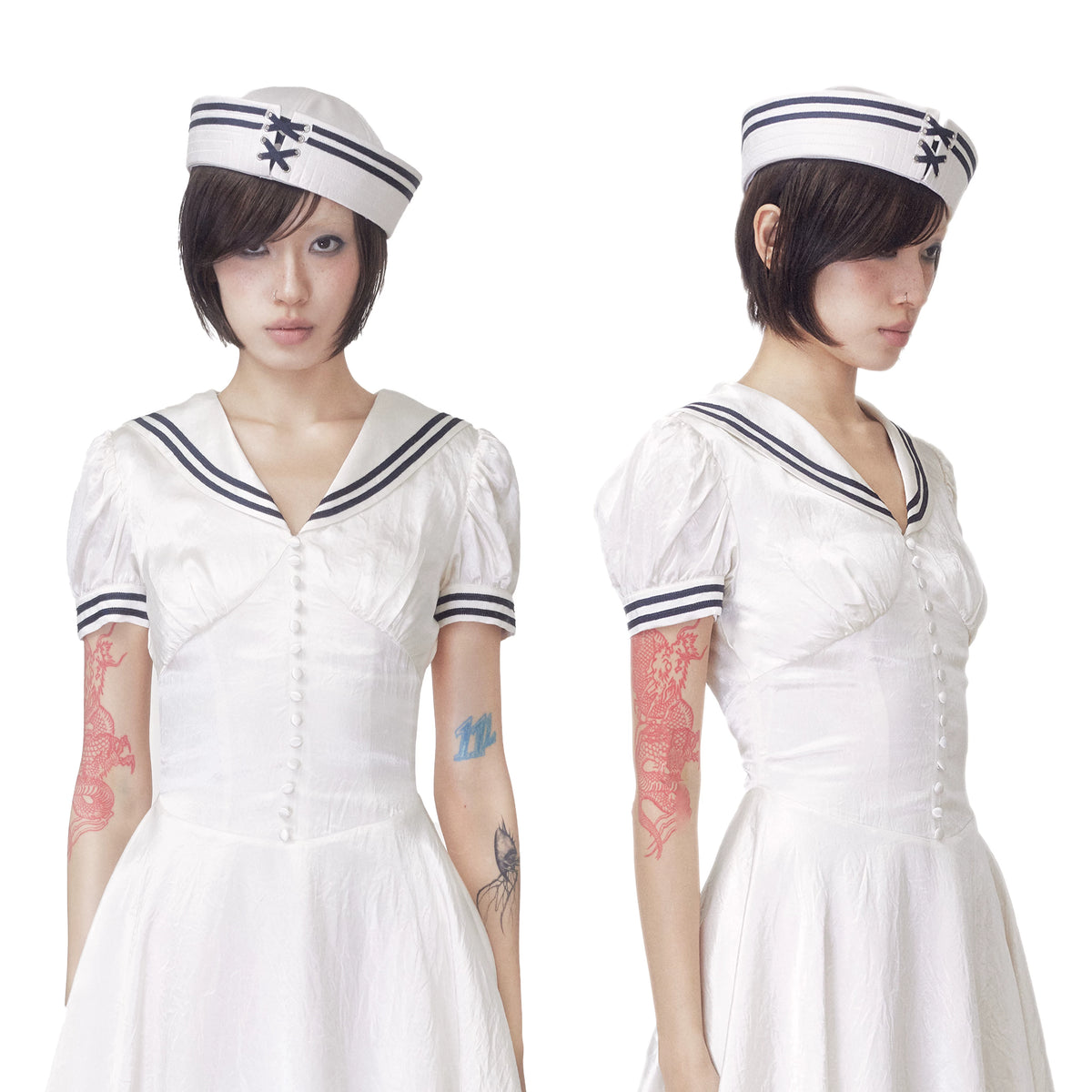 BeatleLady Satin Lace-Up Sailor Hat - Champagne modeled front and side