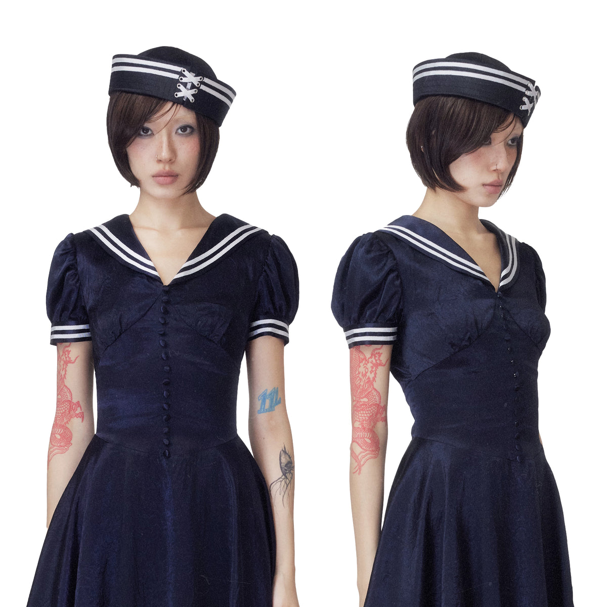 BeatleLady Satin Lace-Up Sailor Hat - Navy modeled front and side