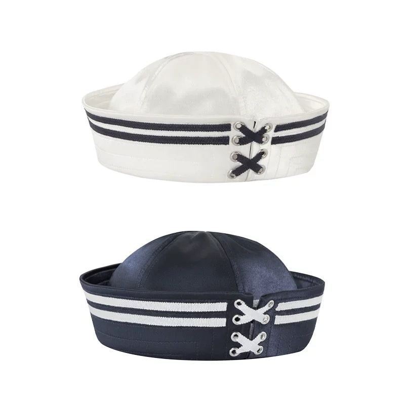 BeatleLady Satin Lace-Up Sailor Hat - Navy and Champagne flat lay