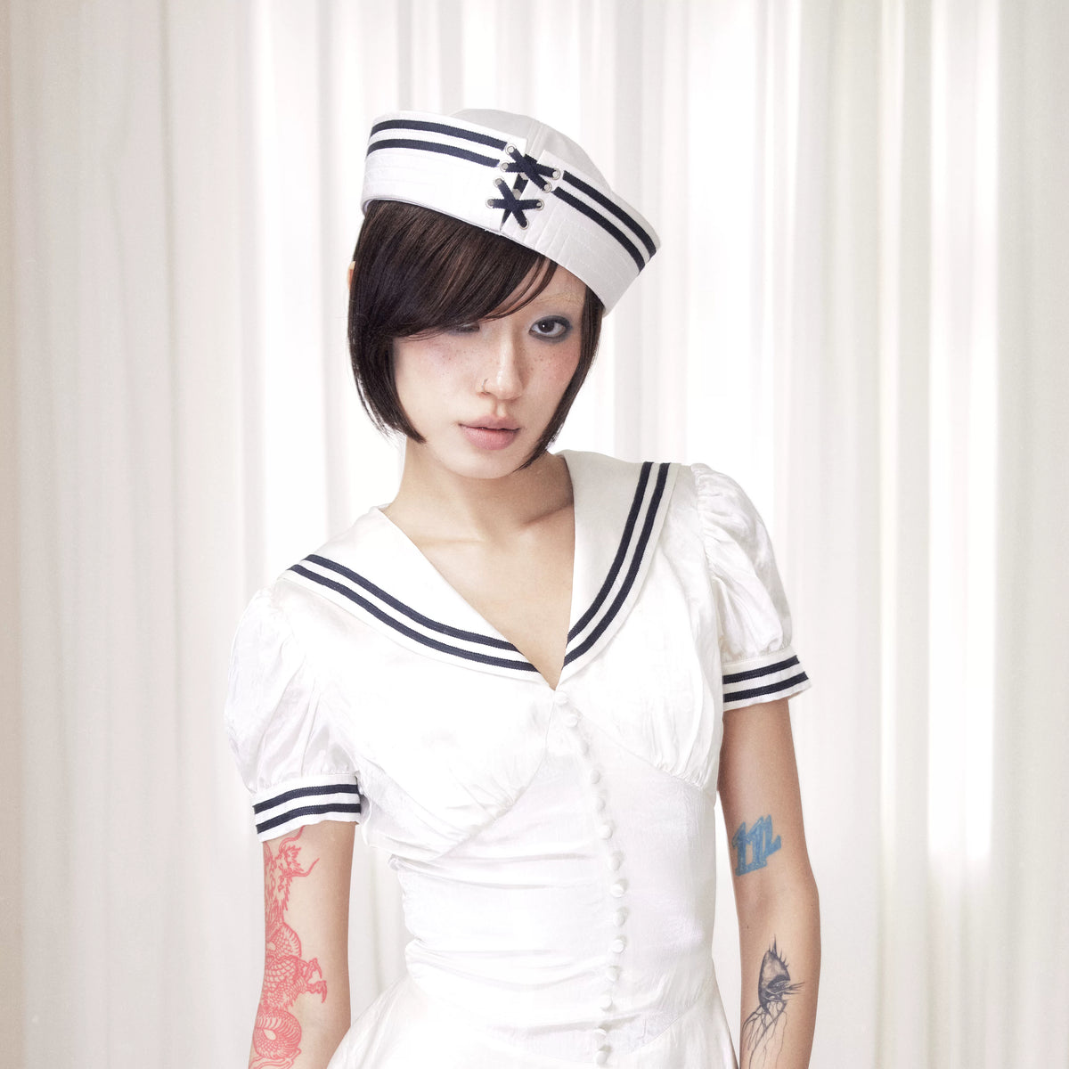 BeatleLady Satin Lace-Up Sailor Hat - Champagne modeled front