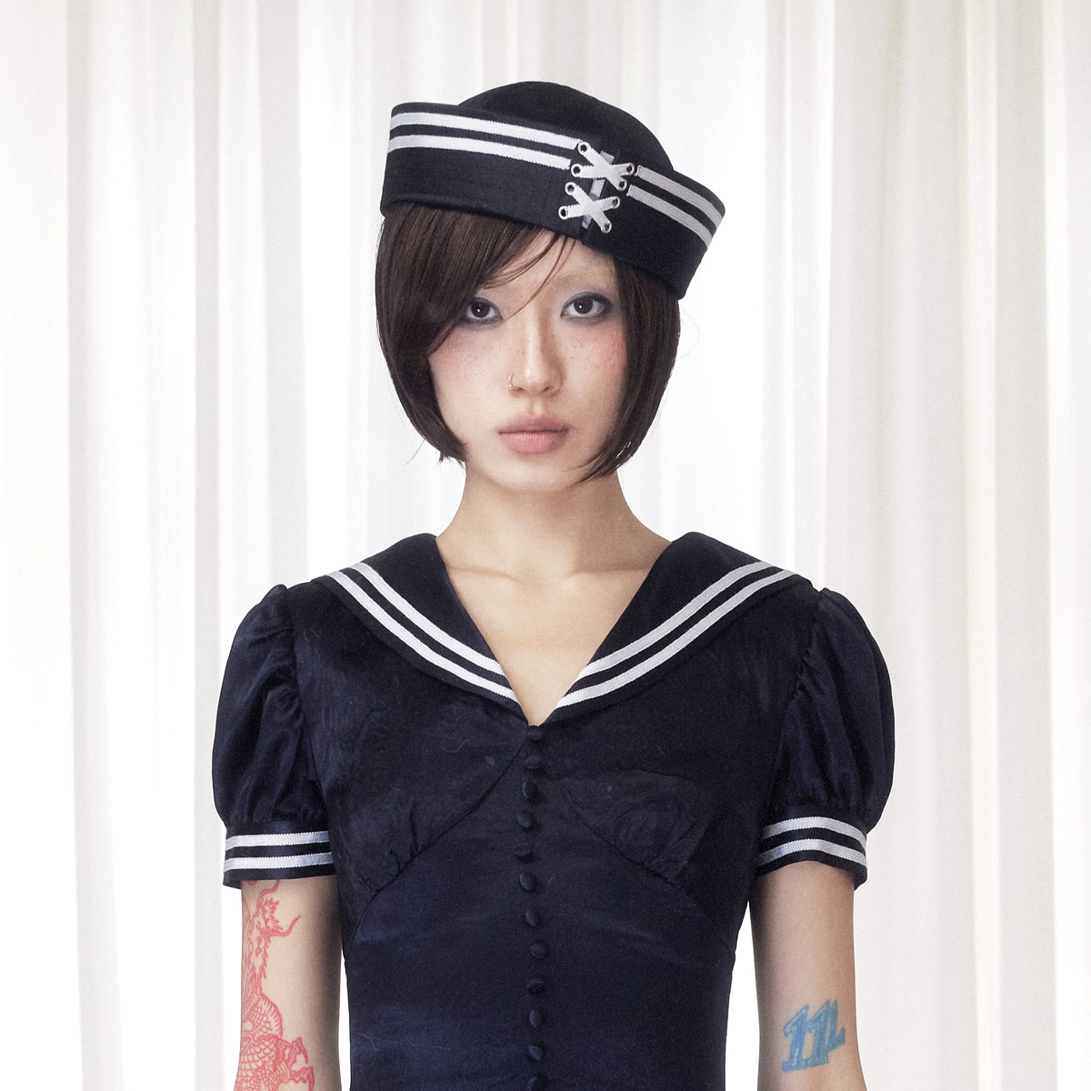 BeatleLady Satin Lace-Up Sailor Hat - Navy modeled front
