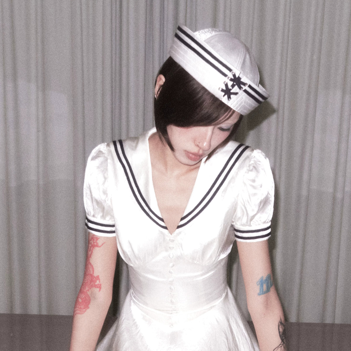 BeatleLady Satin Lace-Up Sailor Hat - Champagne modeled close-up