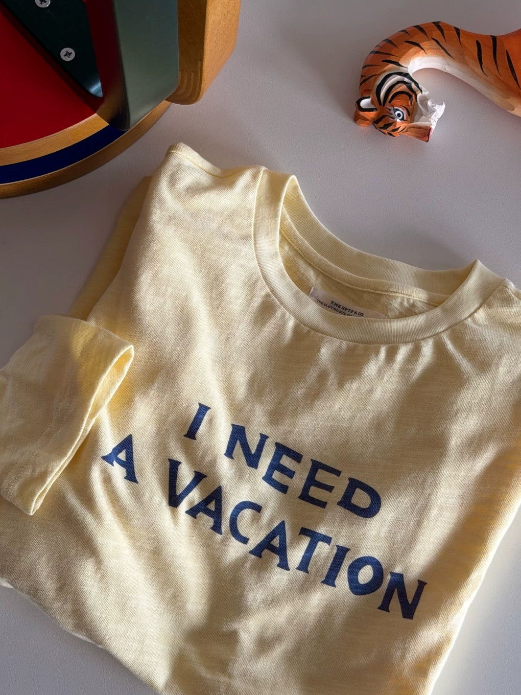 I Need A Vacation Slub Cotton Long Sleeve Tee - Light Yellow flat lay