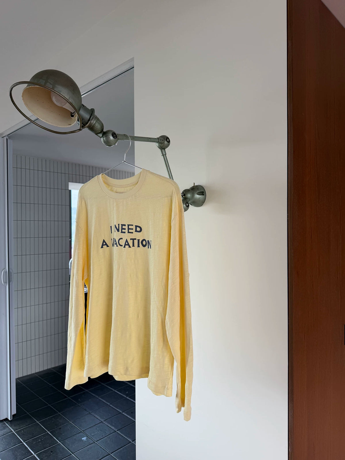 I Need A Vacation Slub Cotton Long Sleeve Tee - Light Yellow hanging