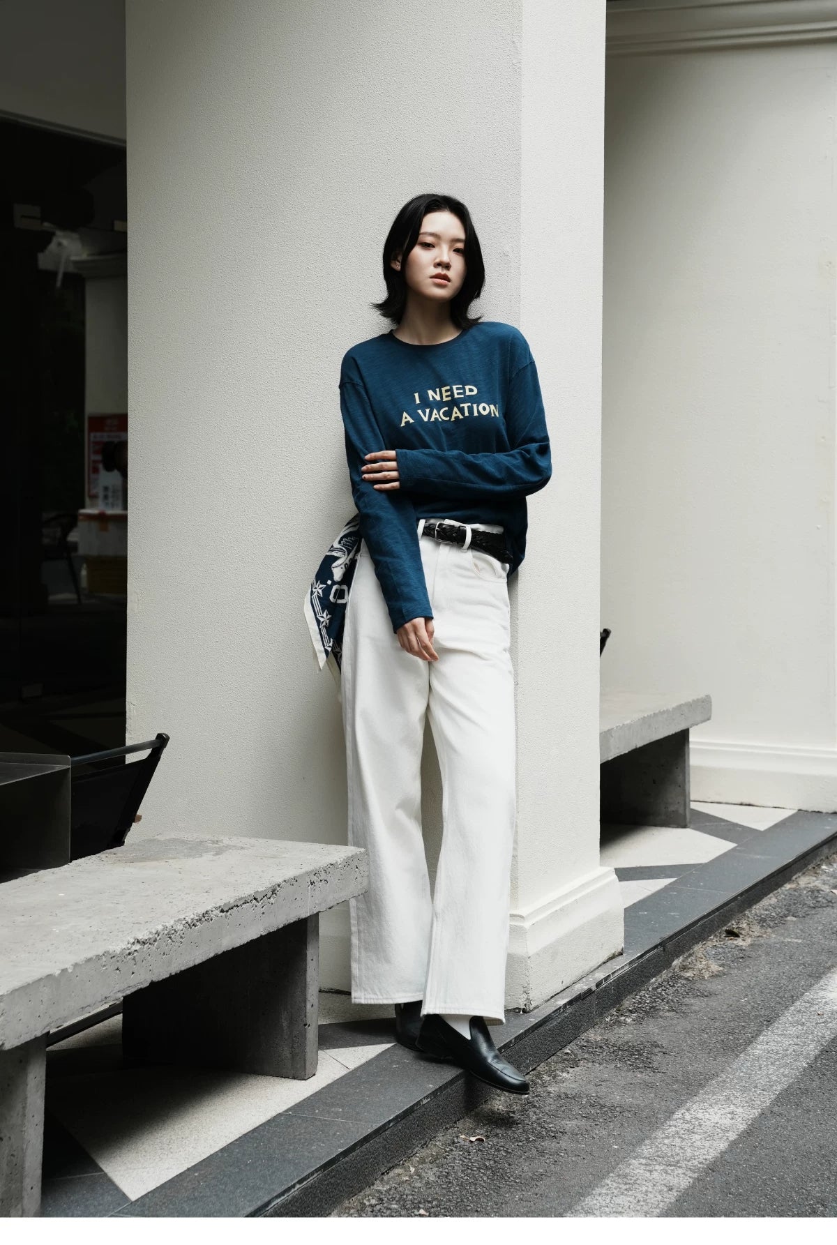 I Need A Vacation Slub Cotton Long Sleeve Tee - Navy full look